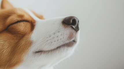 A close-up of a dog's face, showcasing its peaceful expression with eyes closed and a relaxed demeanor.