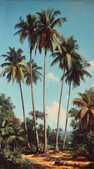 Fototapeta premium Lush tropical landscape with palm trees and mountains in the background during daylight