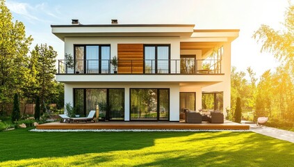 Obraz premium Modern Two-Story House with Sunlit Lawn and Deck