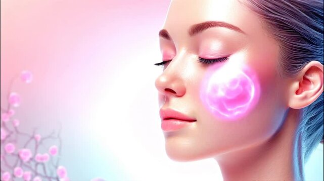 3D Animation of Stem cells floating around woman; images of regenerative medicine in which Stem cells in face glow and skin tissues are repaired and regenerated. Beauty medicine.