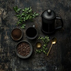 Dark moody coffee scene, artisanal dark moody coffee with French press, premium dark moody coffee photography, Artisanal Coffee Brewing and Caf&eacute; Aesthetics Freshly brewed coffee in a French press. 