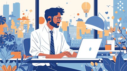 Business professional working in a modern office with vibrant urban decor