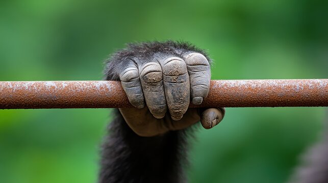 A chimpanzee's hand gripping a rusty metal bar, fingers curled around it against a green backdrop.