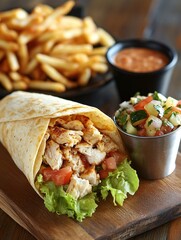 Delicious Chicken Wrap with Fries and Salad on Wooden Board a Culinary Delight
