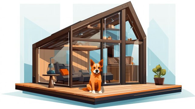 dog sitting modern house, glass walls, wood clip art preview