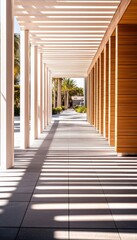 Obraz premium Captivating architectural photography of modern wooden design with serene walkway and shadow play