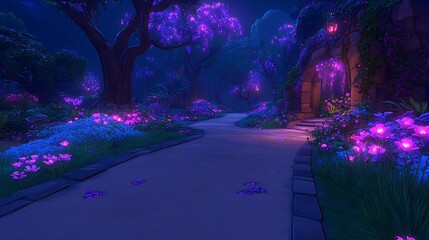 Enchanted Violet Night Garden Path With Luminous Flora And Stone Archway Leading Into a Dreamscape
