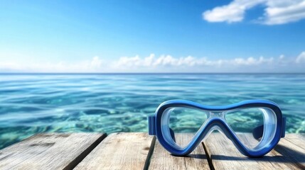 Blue diving mask rests on a wooden pier by the tranquil turquoise sea, under a clear blue sky dotted with fluffy white clouds.