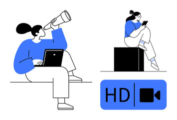 Woman looking through a telescope while working on a laptop another woman using mobile on box. Ideal for remote work, digital communication, technology, virtual meetings, online learning, video