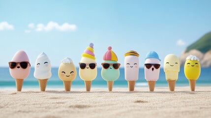 Smiling ice cream characters standing on a beach, enjoying the sunny summer weather by the ocean.