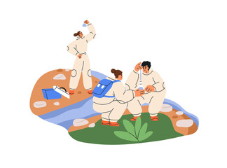 Scientists taking water samples, conducting pollution research, examining chemical analysis, ecology test, quality control. Environment study. Flat vector illustration isolated on white background