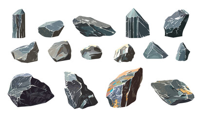 Naklejka premium Sharp stones, various shapes, vector illustration, isolated cutout, transparent PNG, rock textures, abstract stone design, construction material, nature elements, decorative pebbles
