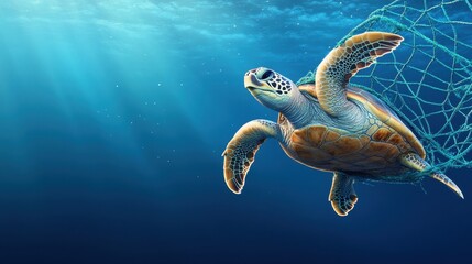 Obraz premium Sea turtle entangled in a fishing net, sunlight filtering through the deep blue ocean.