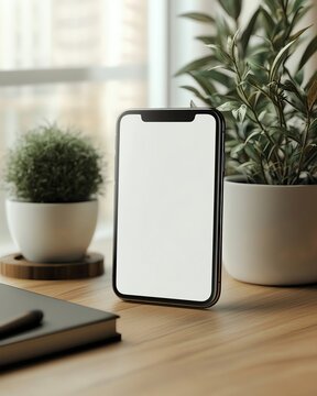 Modern smartphone on a wooden desk with plants.