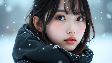 遠くを見つめる雪国の日本人女性、黒いダウンジャケット、雪背景