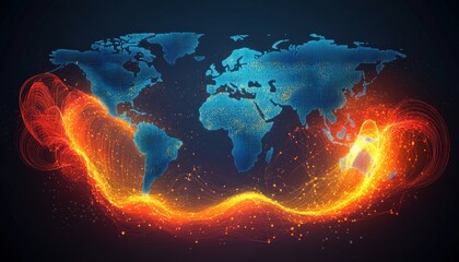 Abstract Global Network Connections World Map with Flowing Data Visualizations, Technology Theme