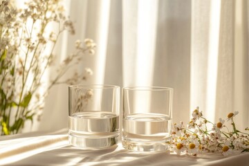 Two glasses of water with flowers in sunlight.