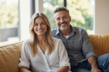Obraz premium Portrait of happy European couple relaxing in sofa at home and looking at camera