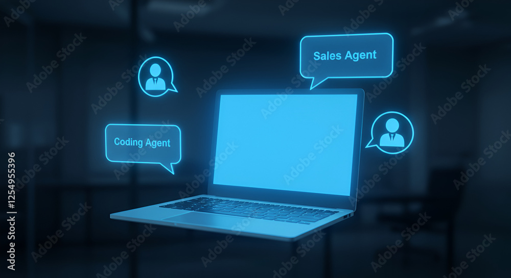 Wall mural rise of ai agents, a laptop featuring sales and coding agents that does all the routine tasks