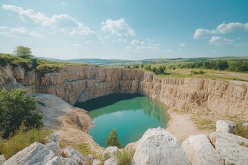 Obraz premium Quiet oasis in a rocky landscape surrounded by lush greenery under a clear blue sky