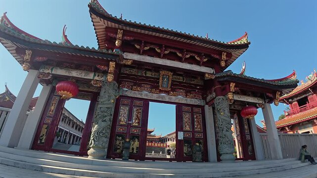 Facade of A-Ma Temple with blue sky in Sao Lourenco, Macau