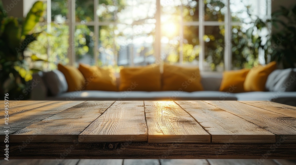 Poster Sunlight streams through large windows, casting a warm glow on a weathered wooden table