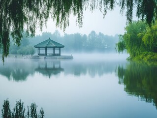 Fototapeta premium Public park with haze floating above a lake, reflecting the image in the water