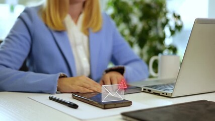 Businesswoman receiving phishing email warning notification, motion graphics