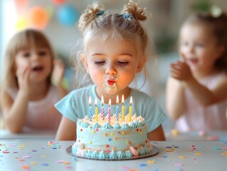 Joyful Child Blowing Out Candles On Brightly Decorated Birthday Cake With Friends Cheering