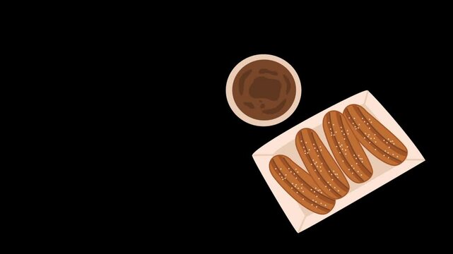 Churros Pile In Paper Box With Bowl of Chocolate Sauce animation