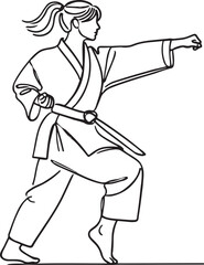 Elegant Line Drawing of Female Karateka in Action