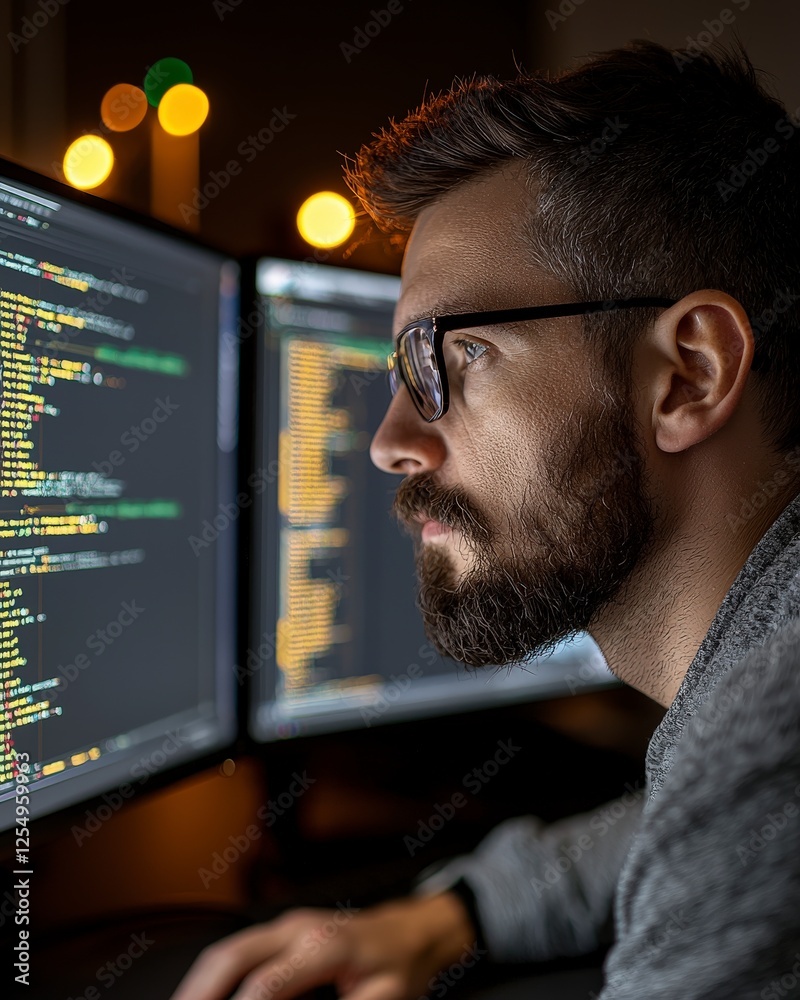 Poster focused male programmer analyzing code on dual monitors with blurred lights in background during nig