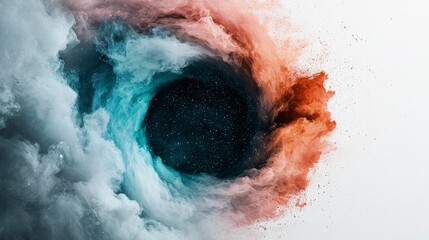Fototapeta premium Abstract swirling clouds of blue and orange with cosmic elements resembling a vortex or black hole in space