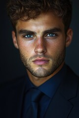 Obraz premium Young man with striking blue eyes and stylish attire poses confidently against a dark background