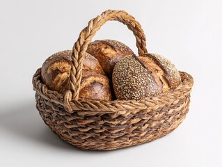 Fresh Artisan Bread Loaves in a Woven Basket on White Background Perfect for Food Concepts
