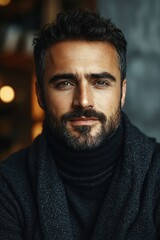 Fototapeta premium Portrait of a man in a cozy setting with soft lighting and a thoughtful expression