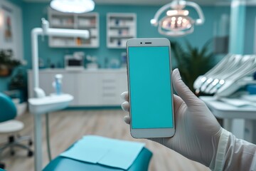doctor hand with blue screen smartphone at dental office, mock up, mockup, copy space