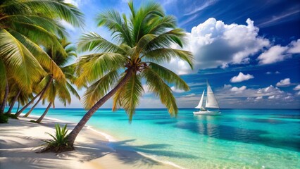 Obraz premium Tropical Paradise with Sailboat and Palm Trees on Clear Water