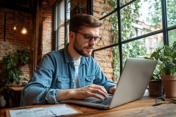 A man focused on his laptop in a cozy modern workspace with natural light and rustic decor