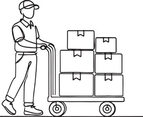 Line Drawing of Delivery Driver with Packages on Hand Truck