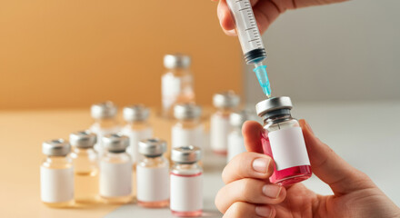 Hand holding a syringe to extract liquid from a vial for medical use