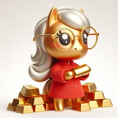 Fototapeta premium a cute Golden Pony Wealth Mascot in red dress, Gold Bars, Rich, Cute, Lucky, Chinese New Year