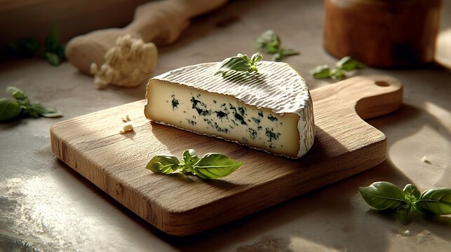 Delicious blue cheese on wooden board with basil leaves, closeup
