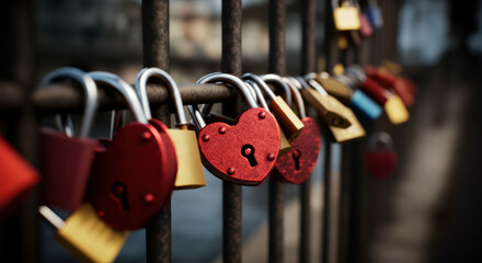 Colorful heart-shaped locks hanging on a metal fence symbolizing love and commitment