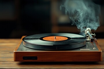Obraz premium Vintage vinyl record player with smoke on wooden table, nostalgic music experience from the classic era
