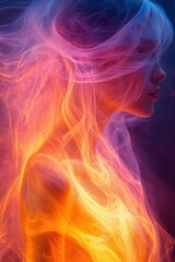 Fototapeta premium Colorful representation of a woman with flowing hair surrounded by vibrant flames and ethereal light at dusk