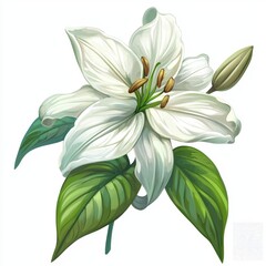 Fototapeta premium Stunning White Lily Flower Illustration with Green Leaves on a Light Background for Artistic and Botanical Uses