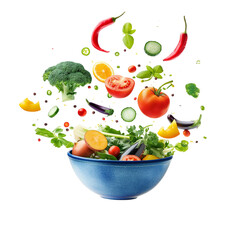 flying fresh vegetable salad isolated on transparent white background, clipping path