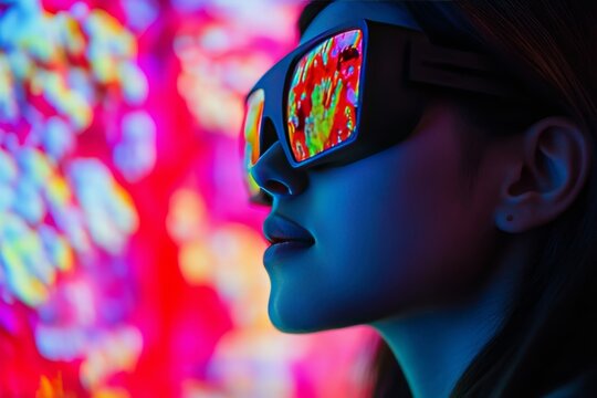 Vibrant light display reflecting off futuristic glasses worn by an engaged viewer