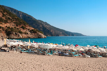Fethiye, 20.08.2024: Panoramic view from Fethiye Oludeniz beach Turkey. Oludeniz is one of the most famous beach in Turkiye
